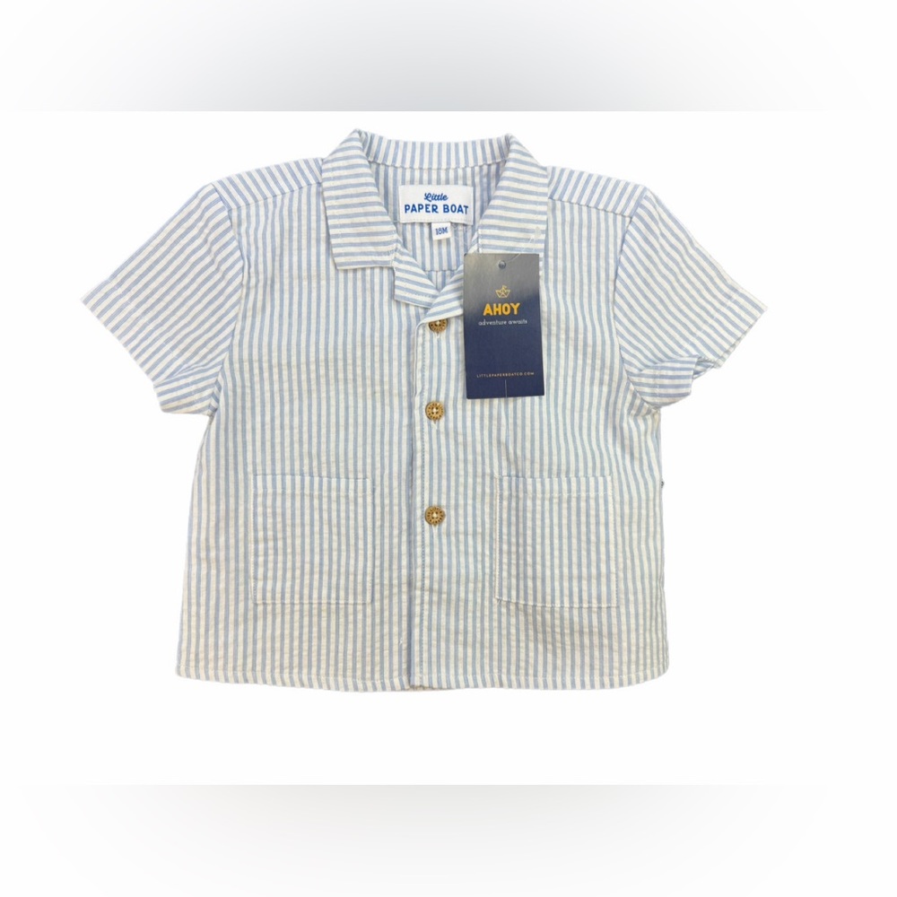 NWT LITTLE PAPER BOAT Baby Boy Striped Short Sleeve Button Down - 18M